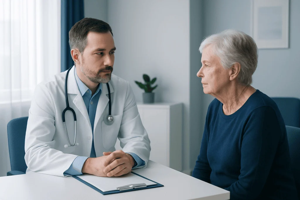 Doctor consulting with elderly patient in a medical office.
