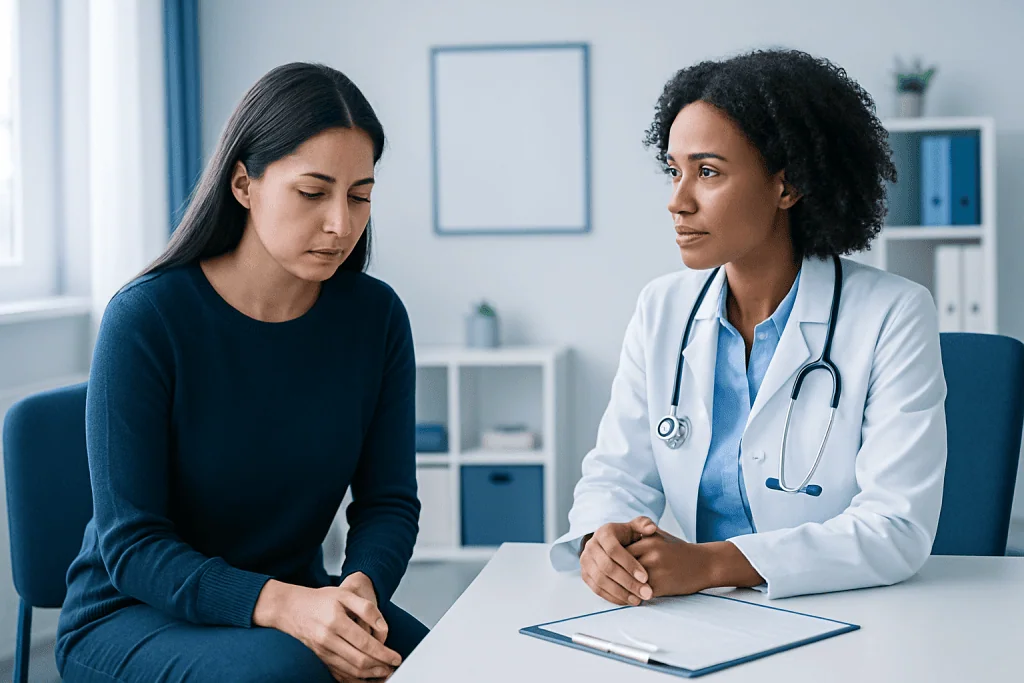 Doctor consulting with a patient about health concerns in a medical office.