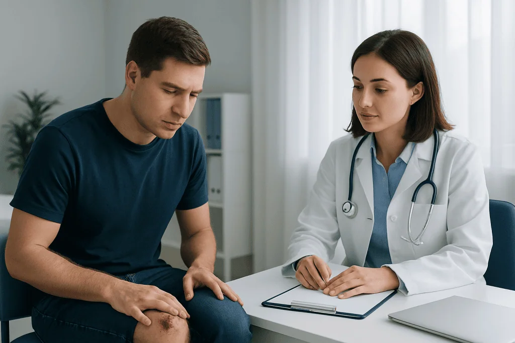 Doctor consulting with a patient about knee injury in a medical office.