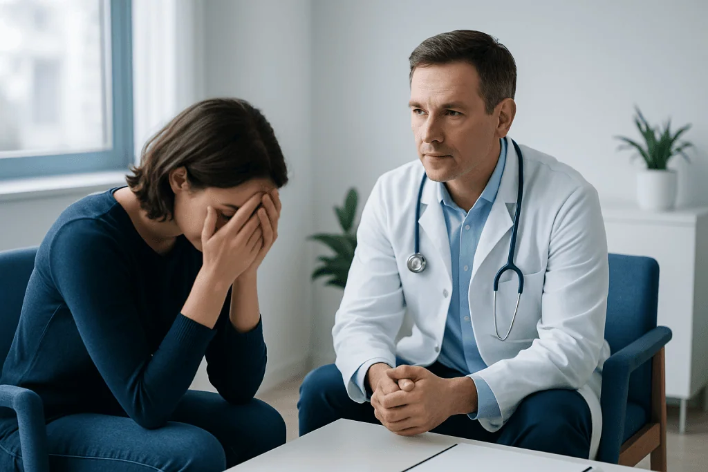 Doctor counseling a patient experiencing emotional distress in a medical office.