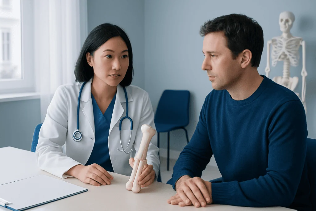 Doctor explaining bone fracture to patient in consultation room.