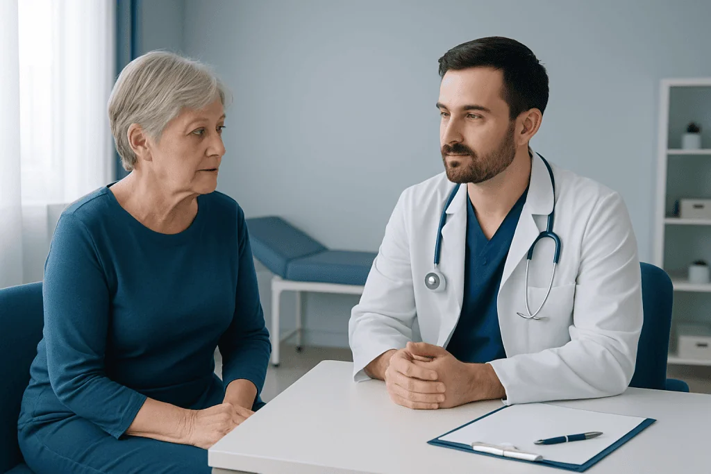 Doctor consulting with an elderly female patient in a medical office.