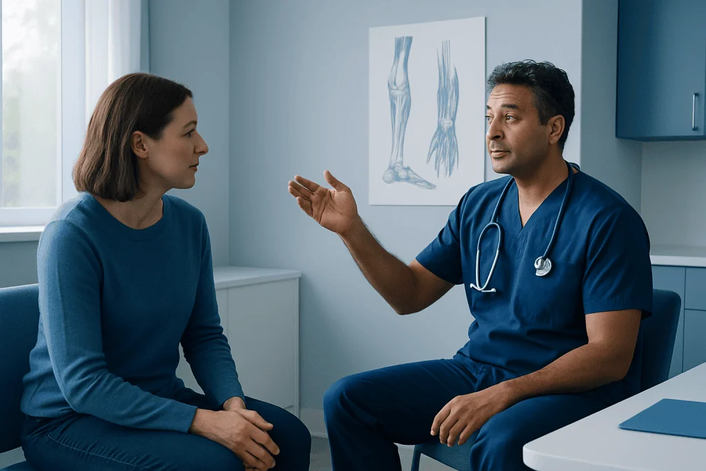 Doctor explaining tendon health to a patient in a medical consultation room.