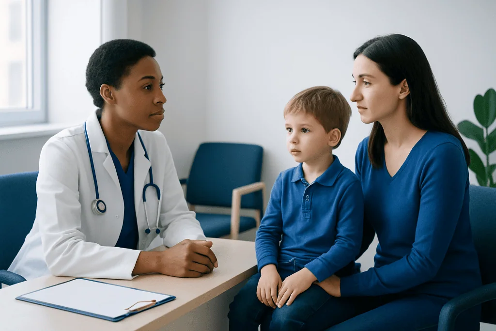 Pediatric consultation at Acibadem Hospital with doctor and young patient.