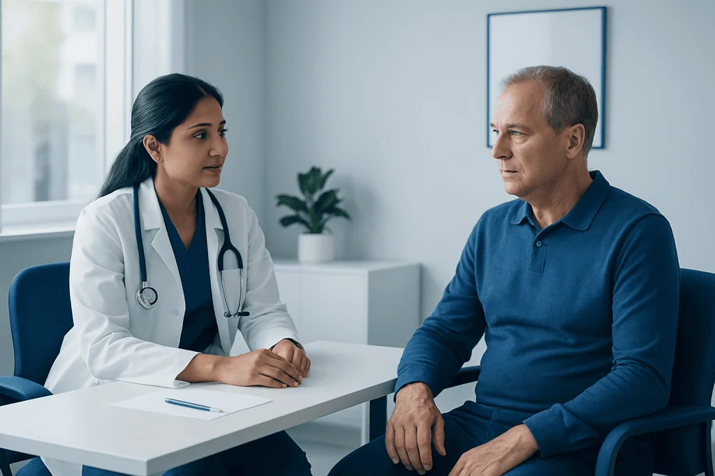 Doctor consulting with a male patient in a medical office setting.