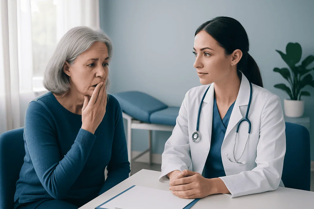 Doctor consulting with an elderly woman about health concerns in a clinic.