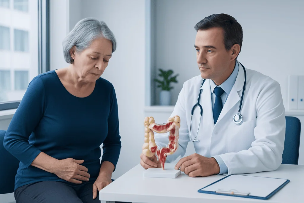 Doctor explaining rectal anatomy to an elderly woman in a consultation room.