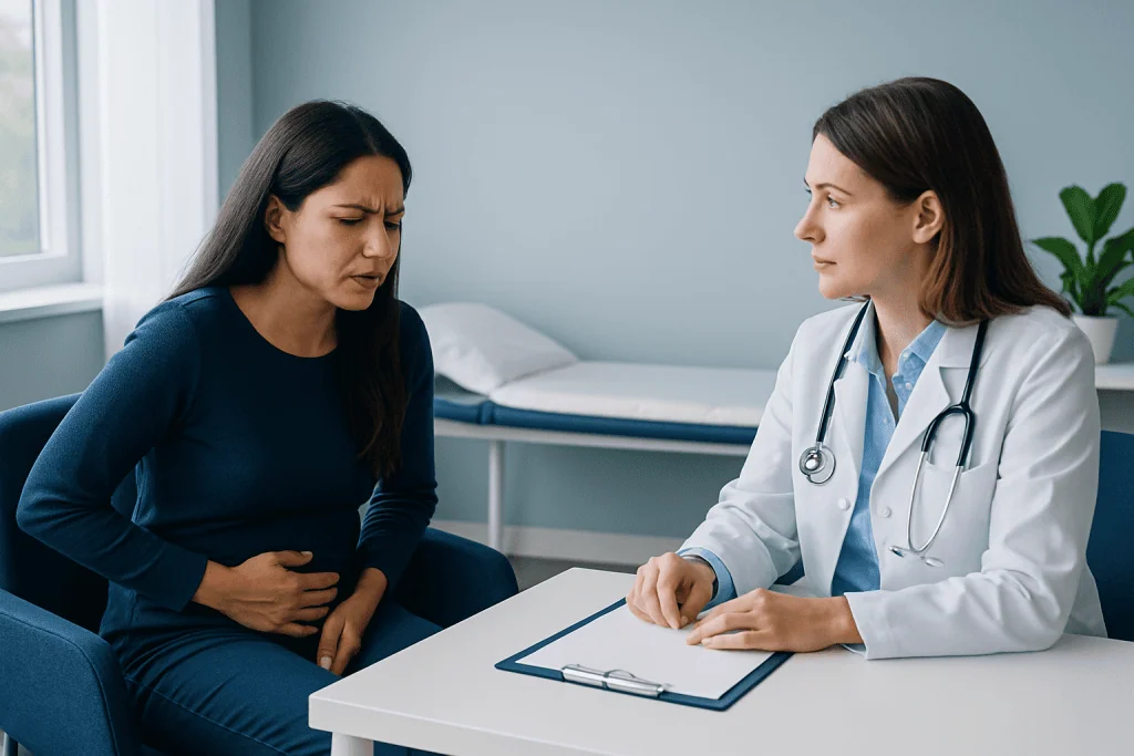Doctor consulting with a woman patient about menstrual pain in a clinic.