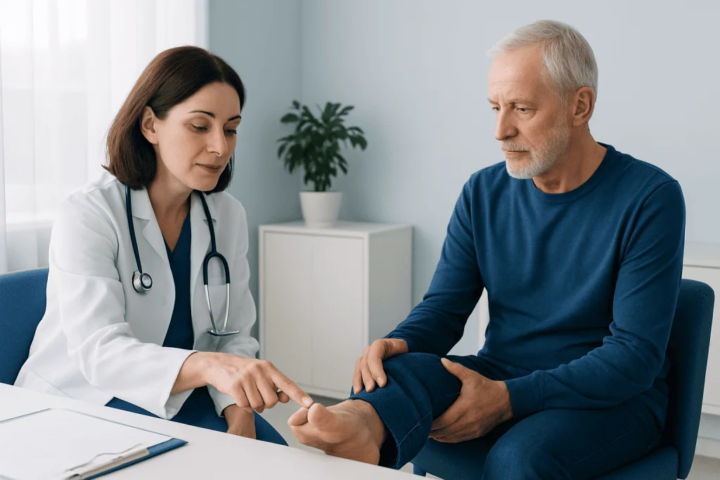 Doctor examining a patient's foot in a medical consultation room.