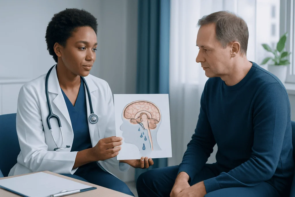 Doctor explaining brain fluid diagram to patient in clinic.