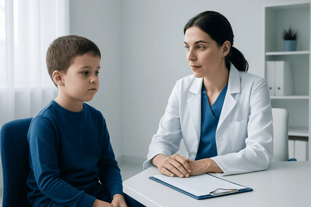 Child and doctor in consultation at Acibadem Hospital.
