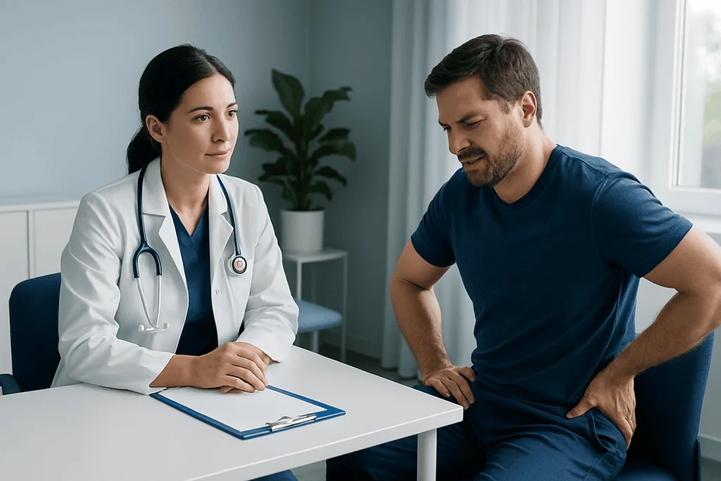 Doctor consulting with patient about muscle strain treatment options.