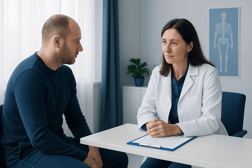 Doctor consulting with patient in a medical office setting.