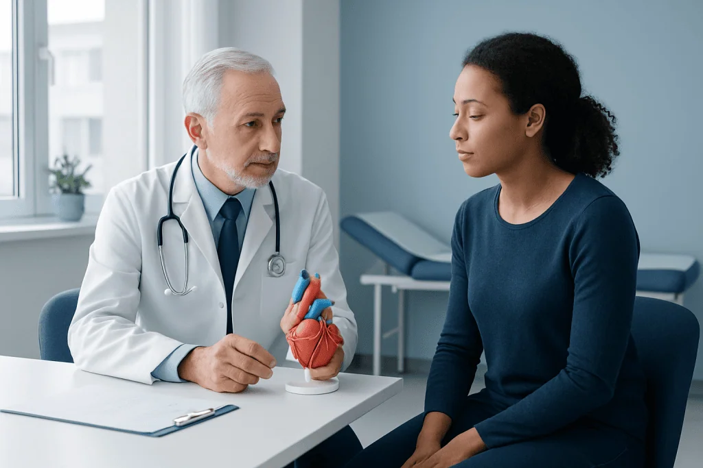 Doctor explaining heart health to a patient with a model of the heart.