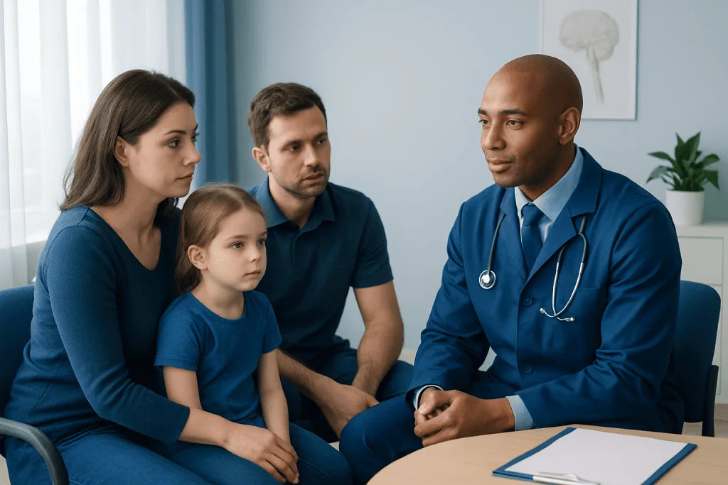 Doctor consulting with a family about neuroblastoma symptoms and treatment options.