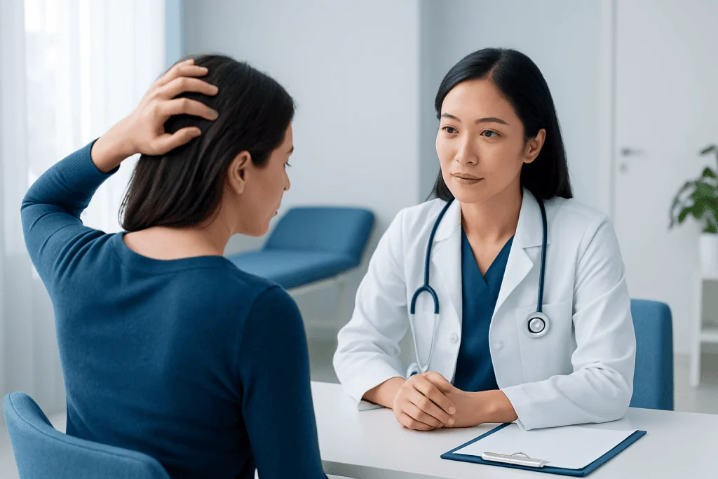 Doctor consulting with a patient about scalp issues in a clinic setting.