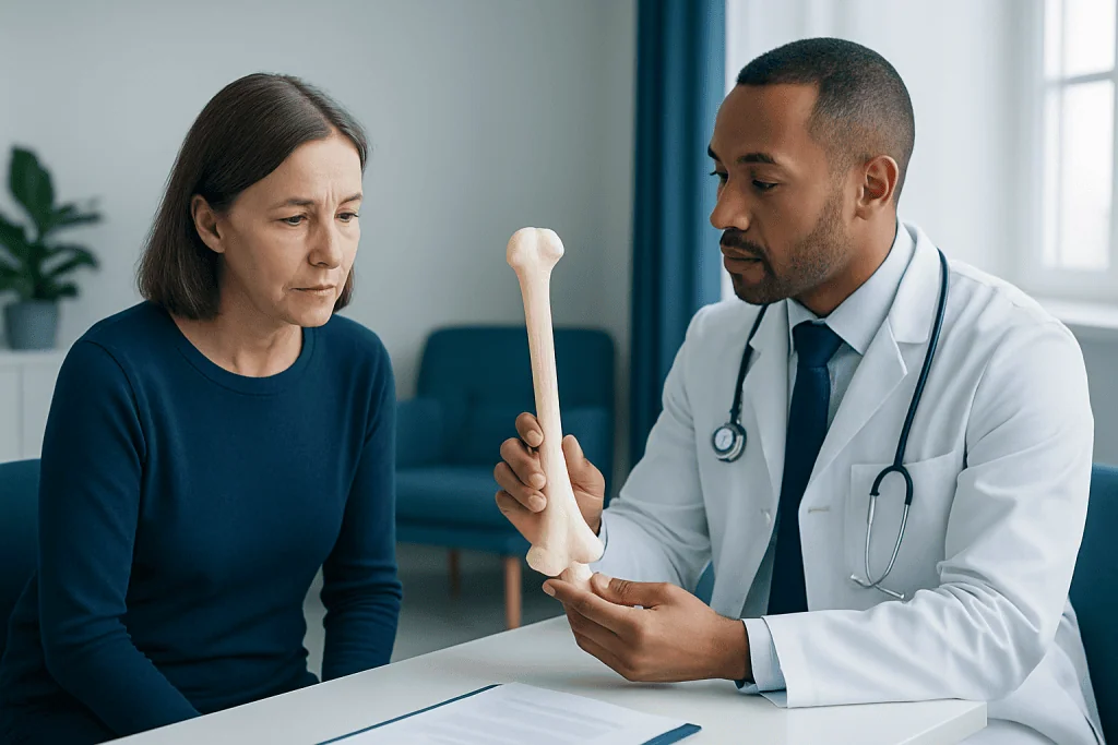 Doctor explaining bone structure to a patient in a consultation room.