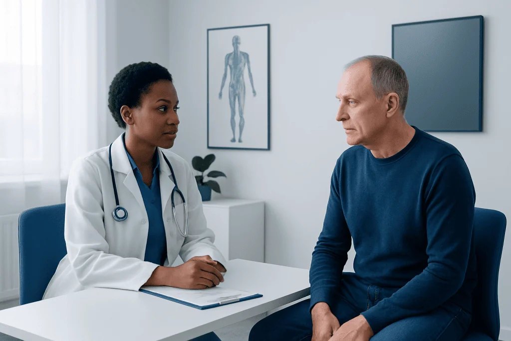 Doctor consulting with a male patient in a medical office.