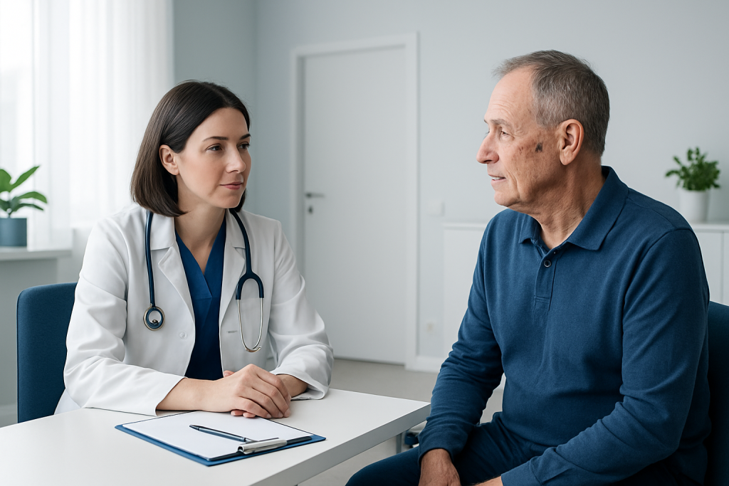 Doctor consulting with an elderly male patient in a medical office.