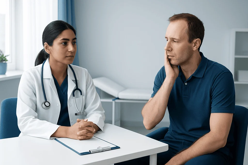 Doctor consulting with patient about jaw pain and trismus symptoms.