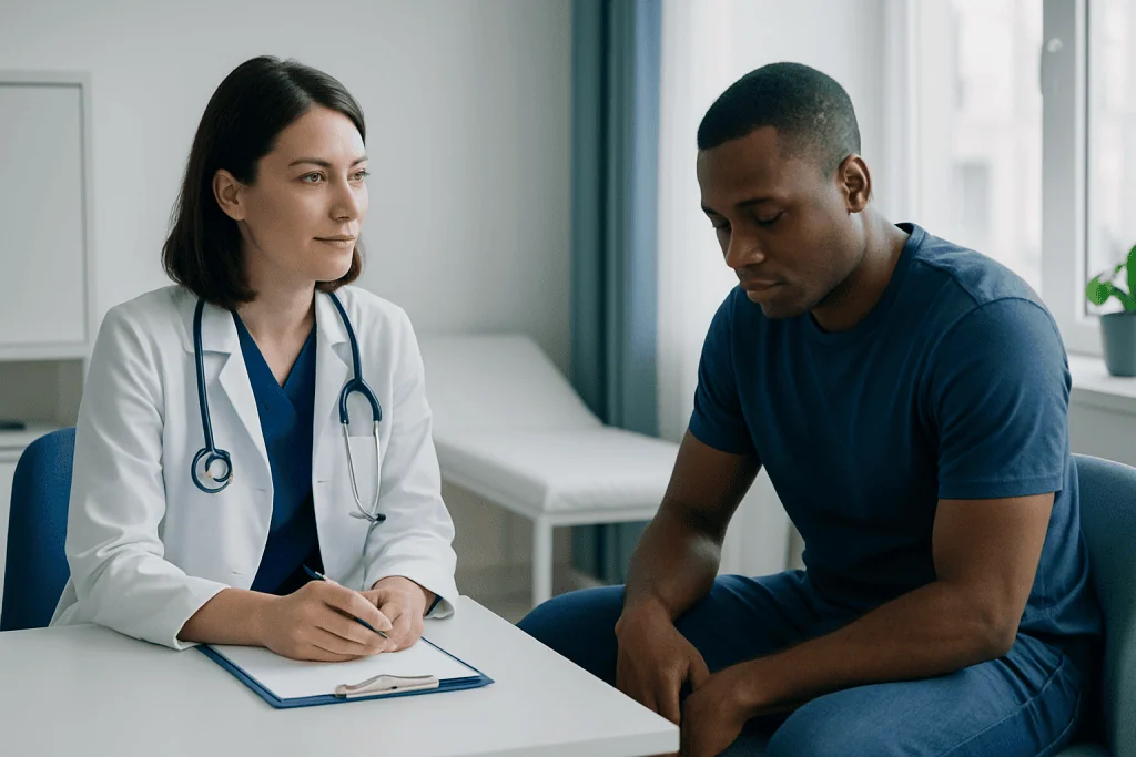 Doctor consulting with a patient in a medical office setting.