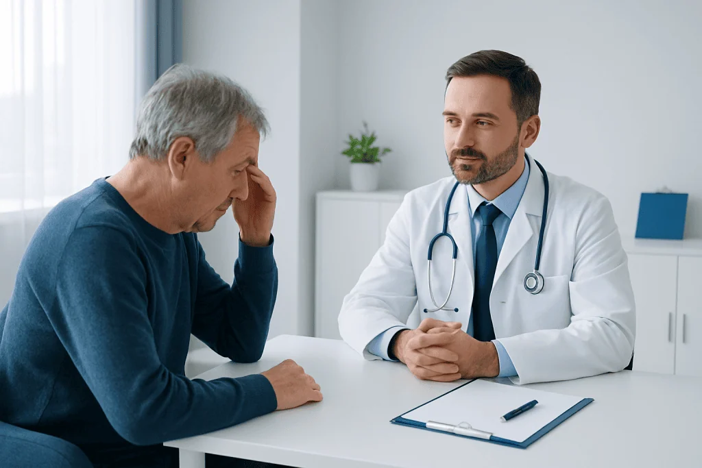 Doctor consulting with an elderly patient in a modern clinic setting.