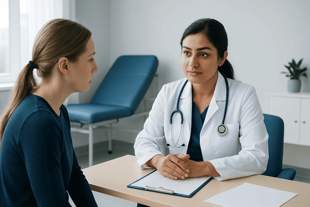 Doctor consulting with a patient in a medical office setting.