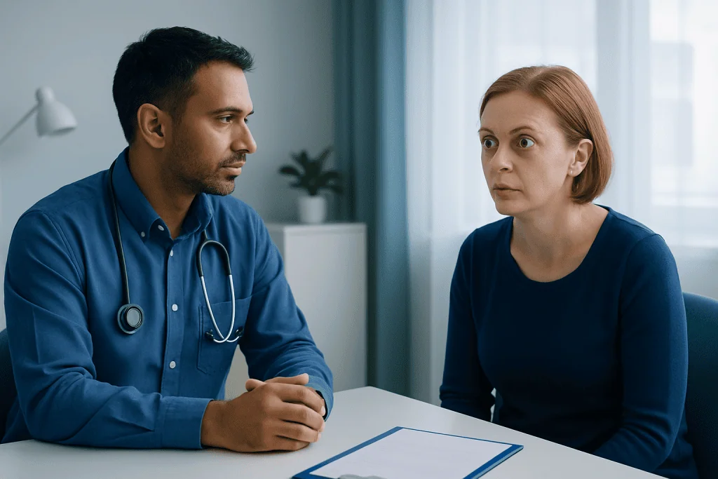 Doctor consulting with a patient about eye health and exophthalmos.