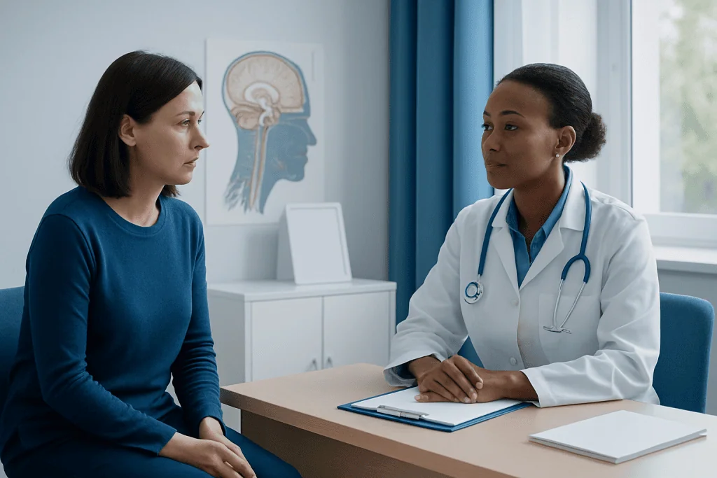 Doctor consulting with patient in a medical office setting.