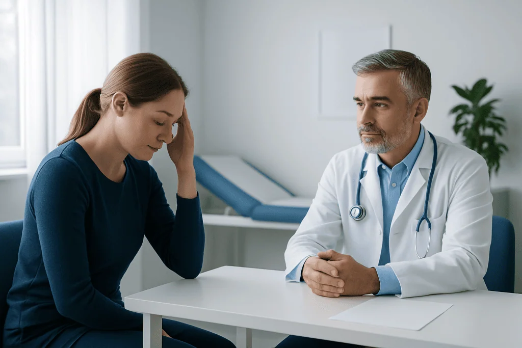 Doctor consulting with a young woman patient in a medical office.