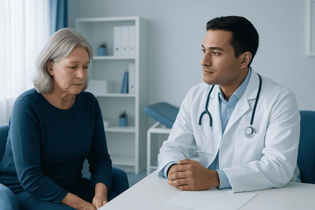Doctor consulting with an elderly woman in a medical office.