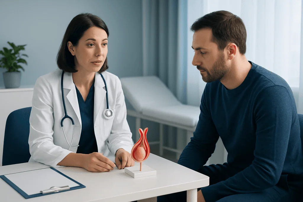 Doctor explaining testicular health to patient with anatomical model.