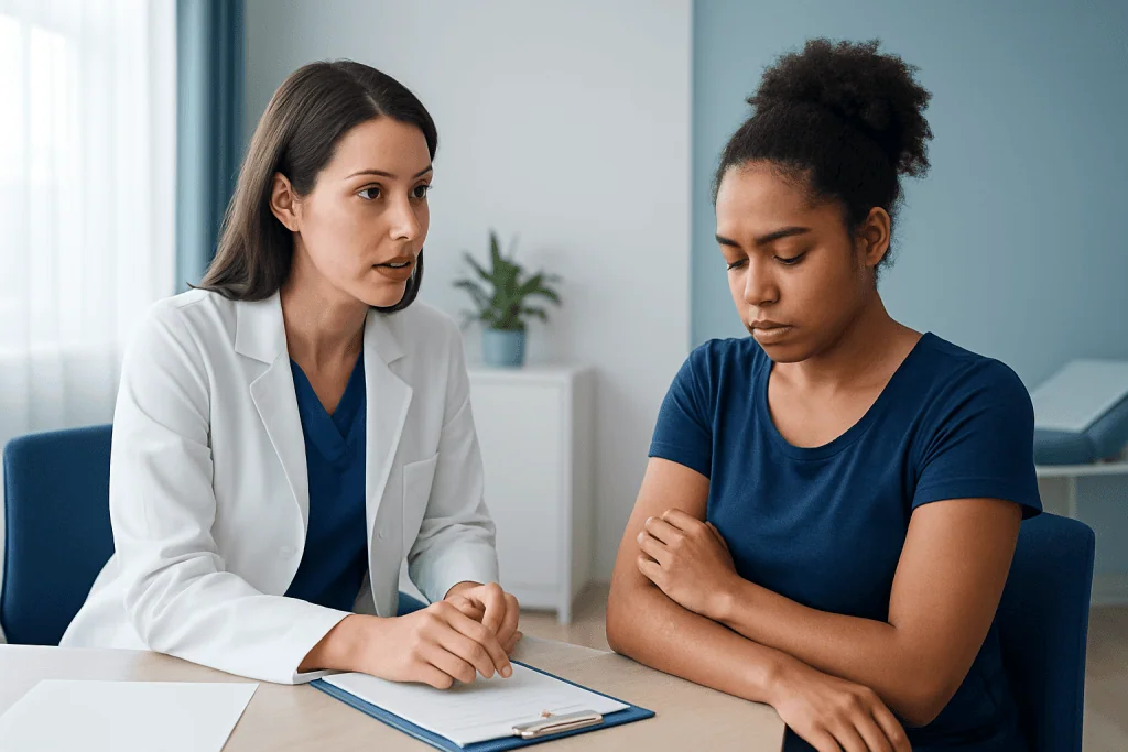 Doctor consulting with a patient about atopic dermatitis symptoms and treatment options.