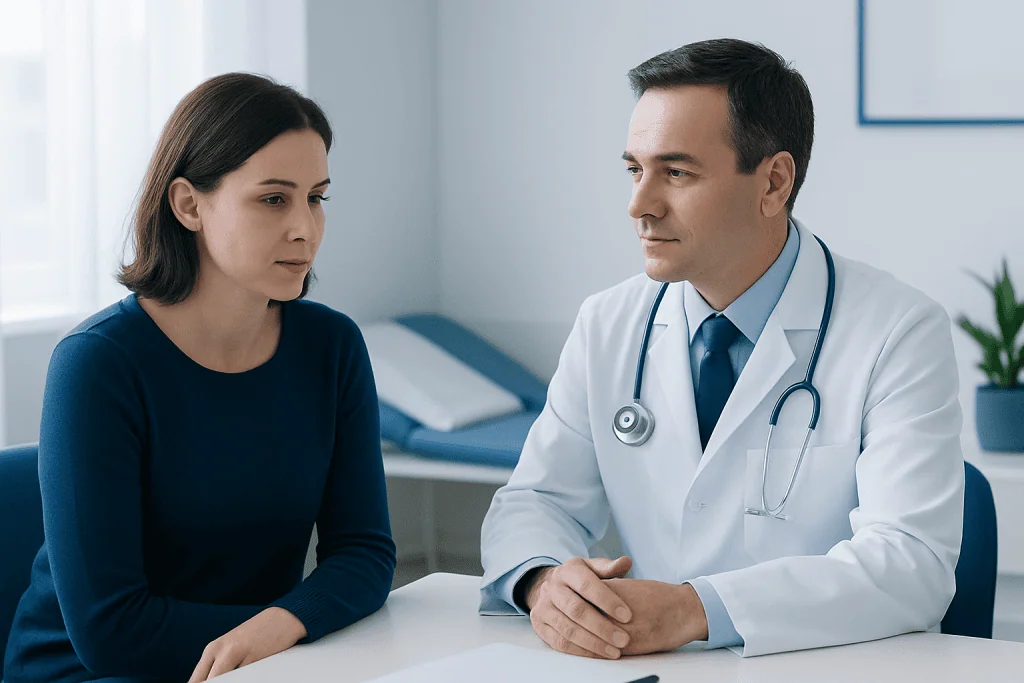 Doctor consulting with a female patient in a medical office setting.