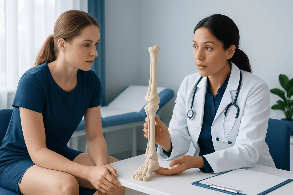 Doctor explaining stress fracture to patient with leg bone model.