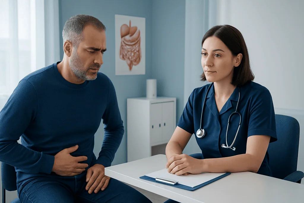 Doctor consulting with patient about digestive health in clinic.