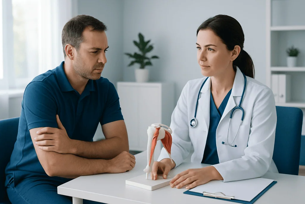 Doctor explaining bicep tendonitis to patient with anatomical model.