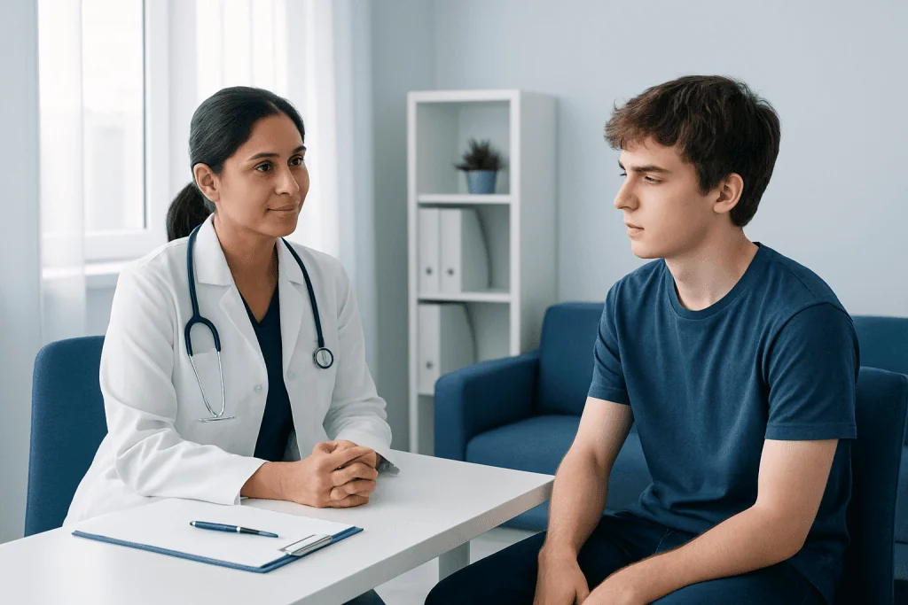 Doctor consulting a young male patient in a medical office setting.