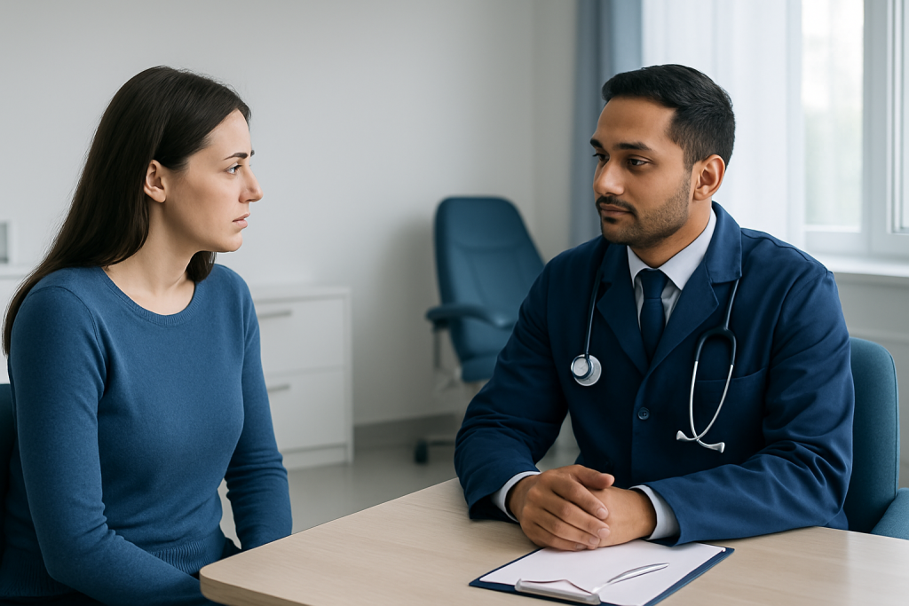 Doctor consulting with a female patient in a modern clinic setting.