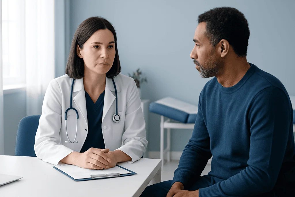 Doctor consulting with patient in a medical office setting.
