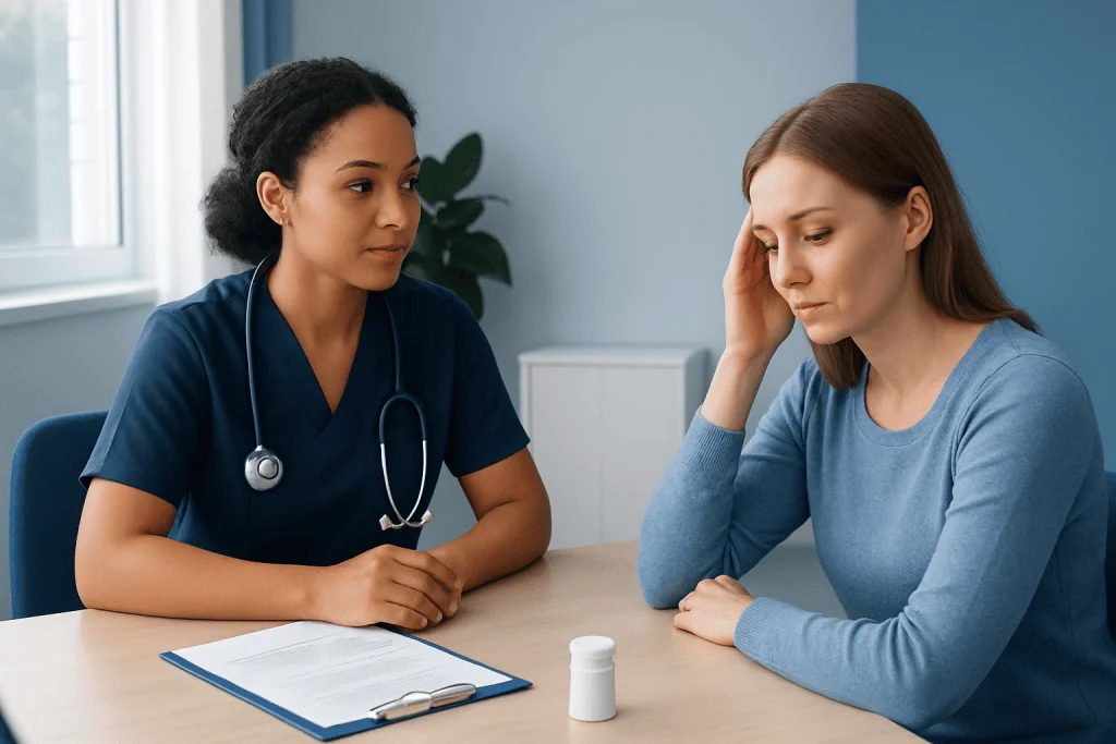 Doctor consulting a patient about migraine symptoms and treatment options.