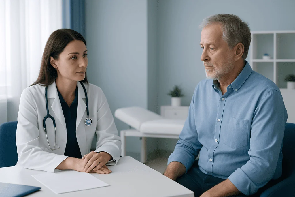 Doctor consulting with an elderly male patient in a medical office.
