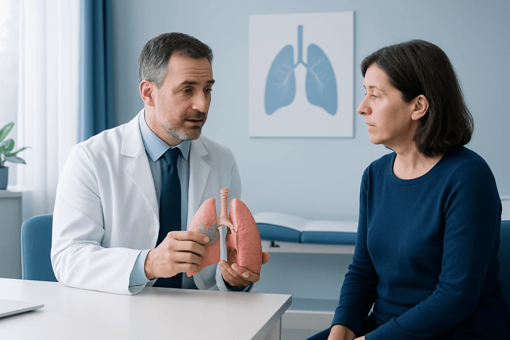 Doctor explaining lung anatomy to a patient in a medical consultation room.