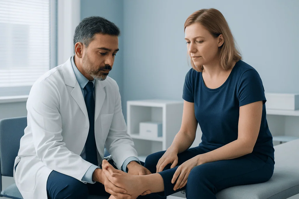 Doctor examining patient's foot in a clinical setting.
