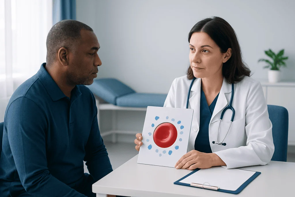 Doctor explaining blood cell diagram to patient in a medical consultation.