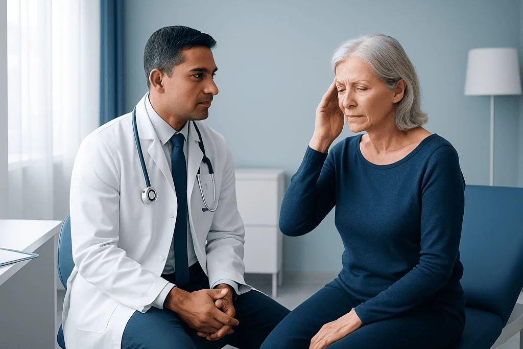 Doctor consulting with elderly woman about health concerns in clinic.