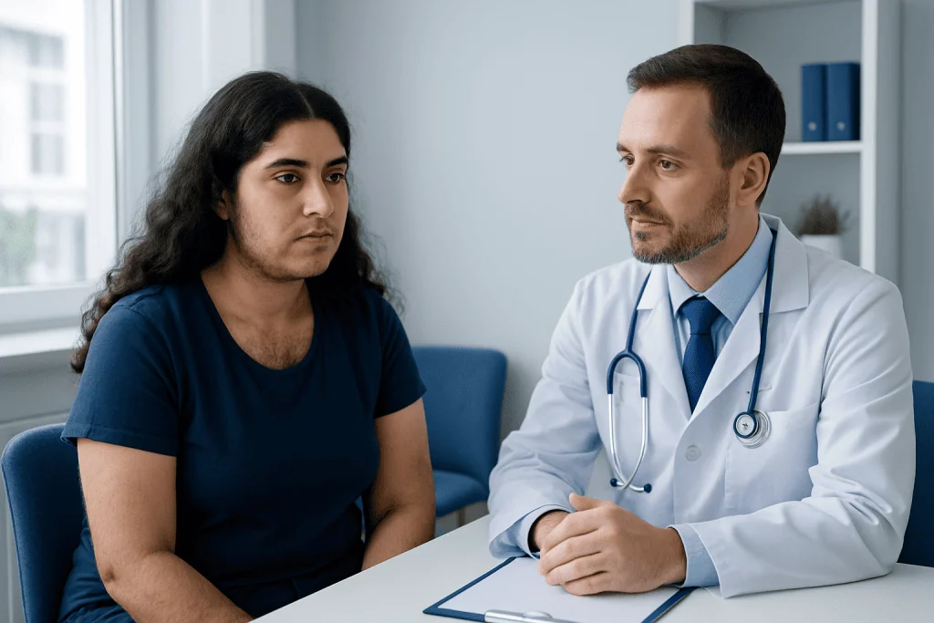 Doctor consulting with a patient about hirsutism at Acibadem Hospital.