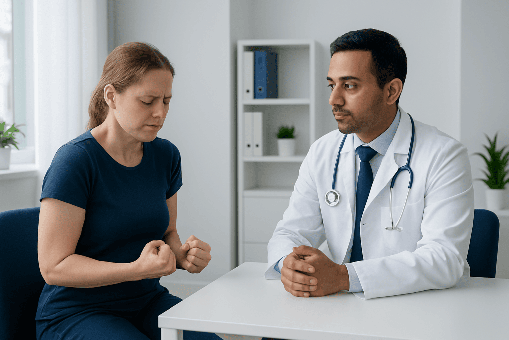 Doctor consulting with a patient in a medical office setting.