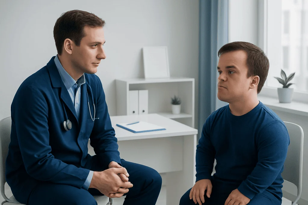 Doctor consulting with a young patient in a medical office.