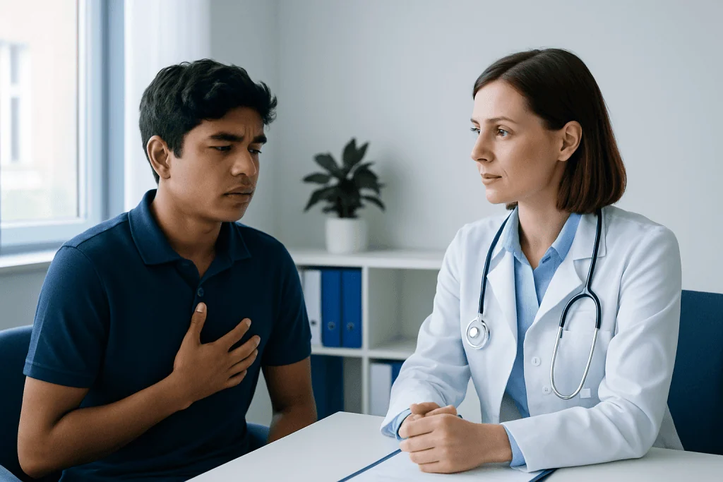Doctor consulting with a patient about chest pain symptoms in a clinical setting.
